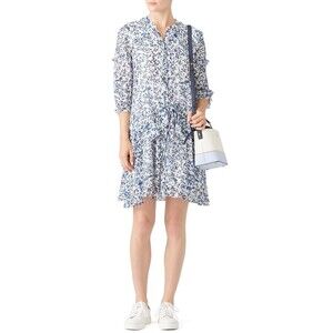 Saloni Tilly Ruffle Dress Women's Size 6 Blue Floral Silk Mini Shirt Dress